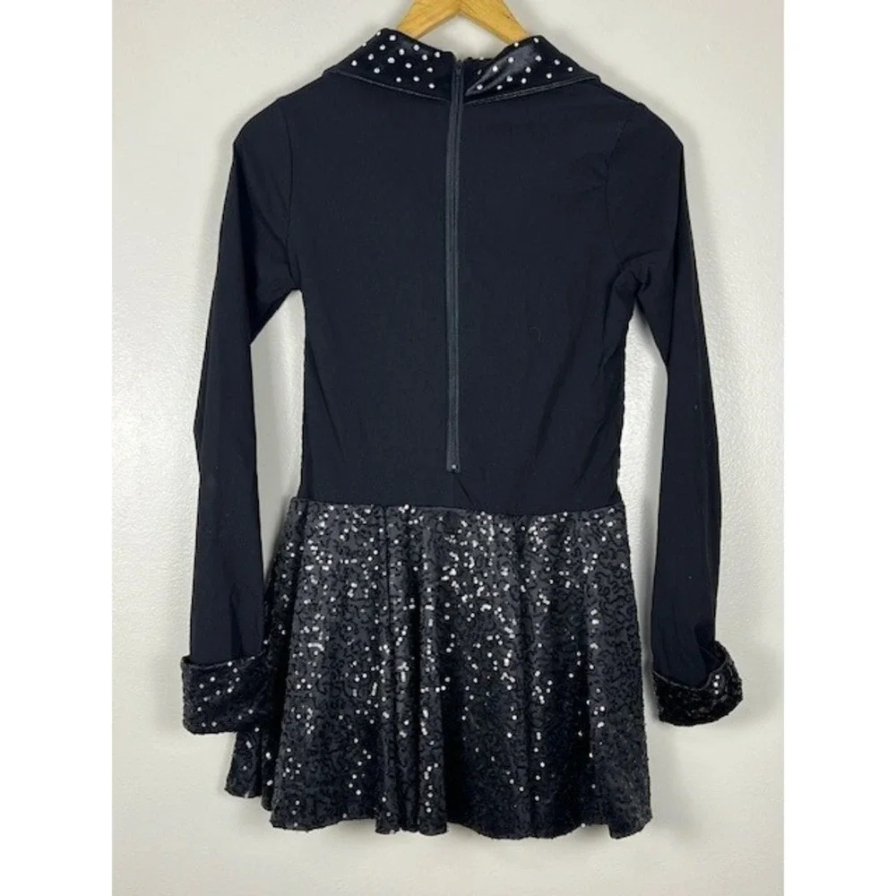 Weissman Black Rhinestone Sparkle‎ Dance Dress Costume Long Sleeve Lapel Collar